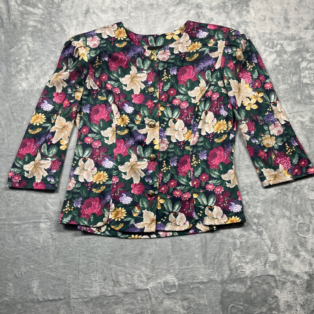 Vintage 90s Stuart Alan Floral‎ Blouse Womens Green Gold Button Shoulder Pads M